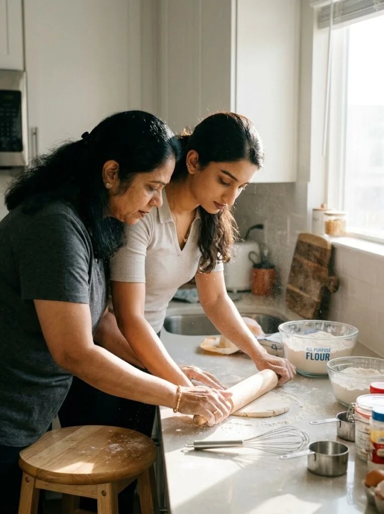 Mother and young daughter rolling dough together in a kitchen