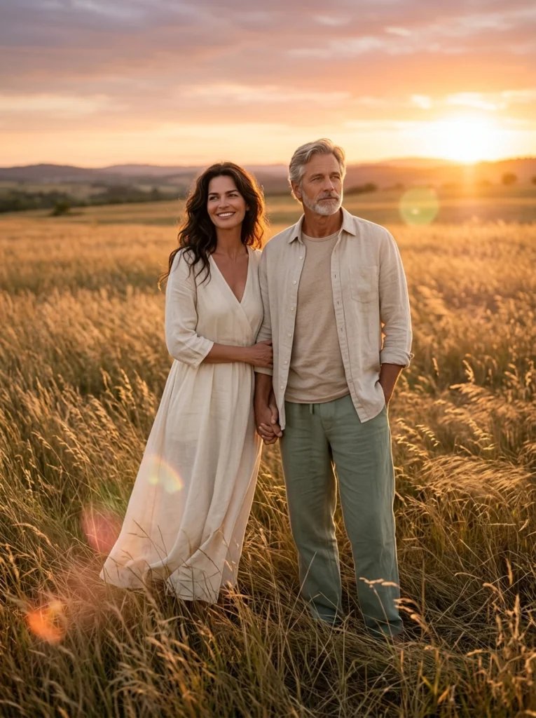 Mother and father AI image prompt preview with tall grass field, golden hour sunset, and neutral linen outfits