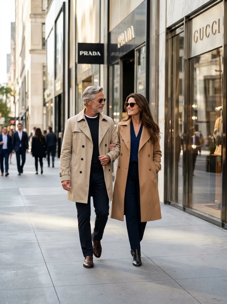 Mother and father AI image prompt preview with modern city sidewalk, designer trench coats, and crisp daylight