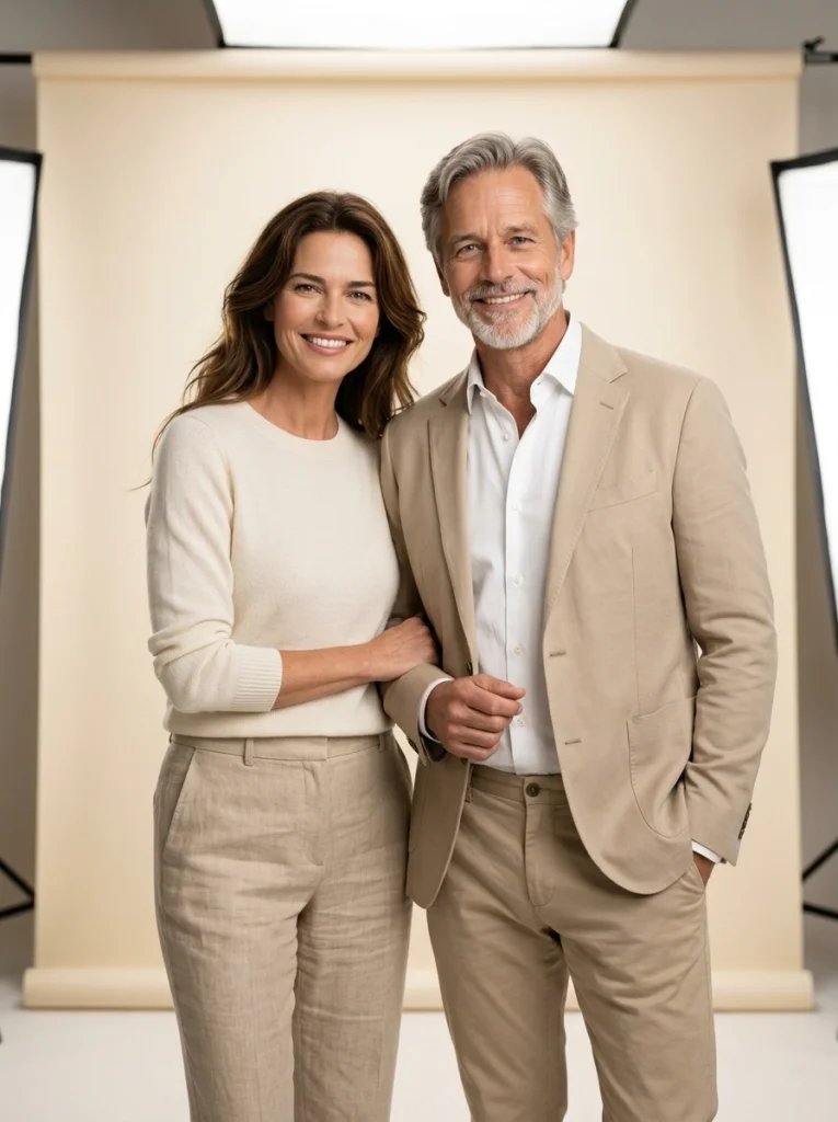Mother and father AI image prompt preview with cozy cafe, rainy window, warm indoor light, and autumn coats