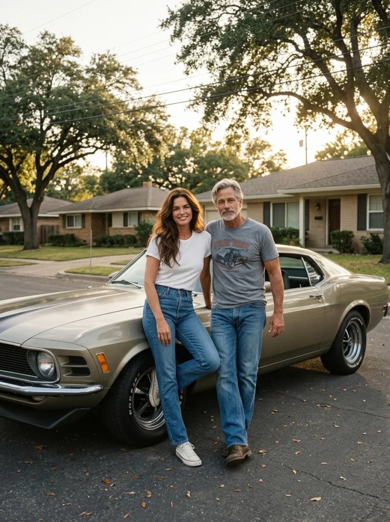 Mother and father AI image prompt preview with vintage car, suburban street, denim outfits, and faded 90s film color