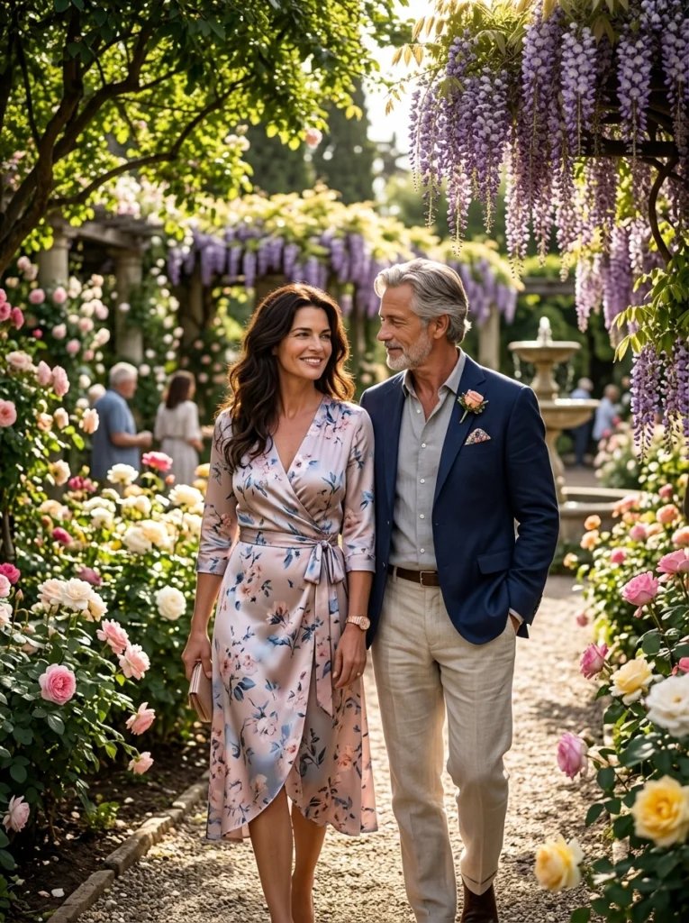 Mother and father AI image prompt preview with blooming garden, wisteria, dappled sunlight, and elegant outfits