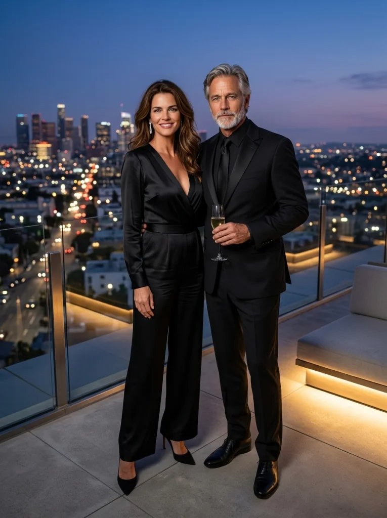 Mother and father AI image prompt preview with rooftop terrace, twilight city skyline, and black evening wear