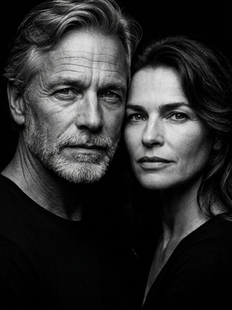 Mother and father AI image prompt preview with dramatic black and white portrait lighting and dark clothing