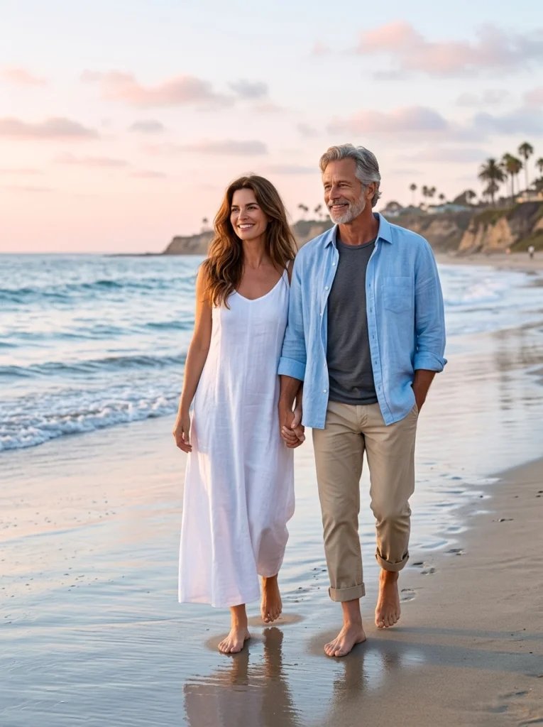 Mother and father AI image prompt preview with beach shoreline, pale pink sunset, and airy coastal outfits