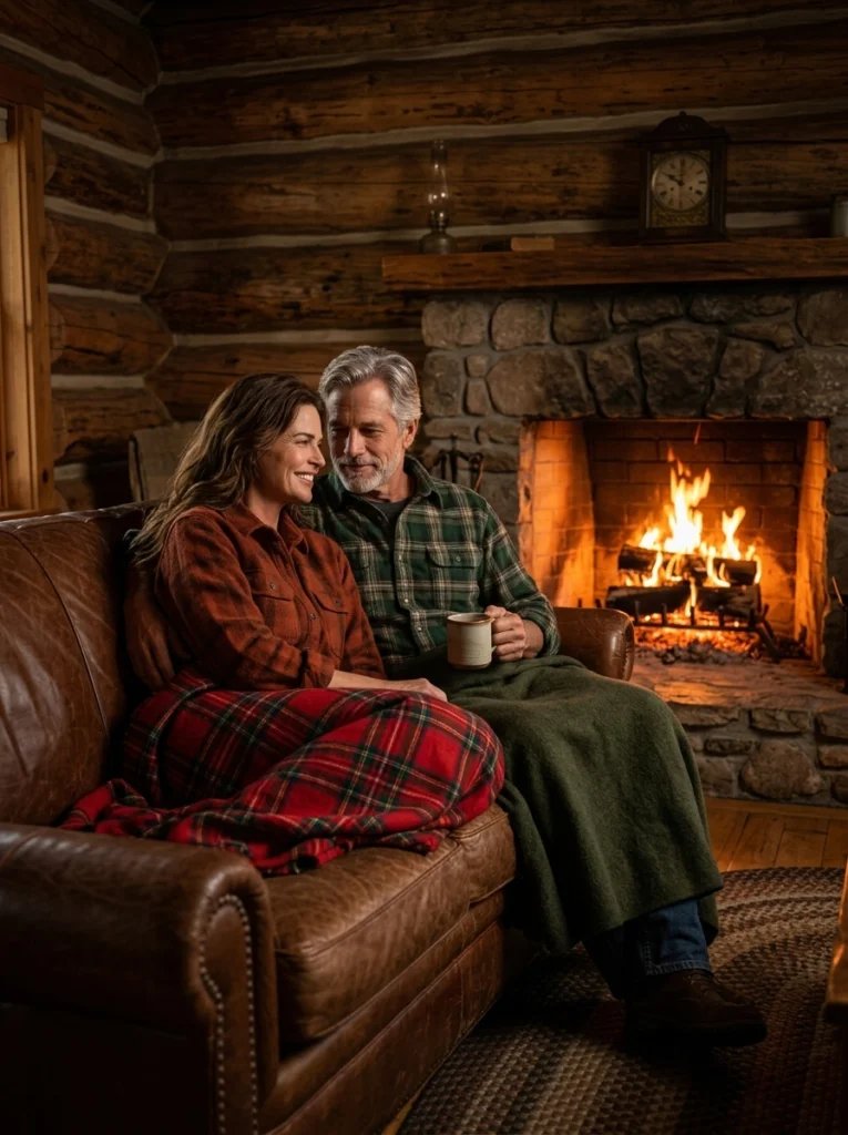 Mother and father AI image prompt preview with rustic cabin, stone fireplace, knit flannels, and warm firelight