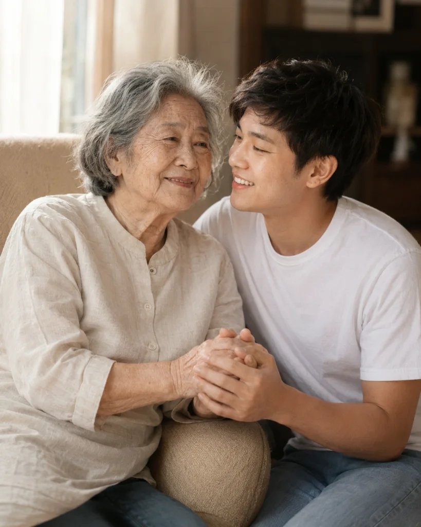 Adult son holding both hands of his elderly mother beside her chair