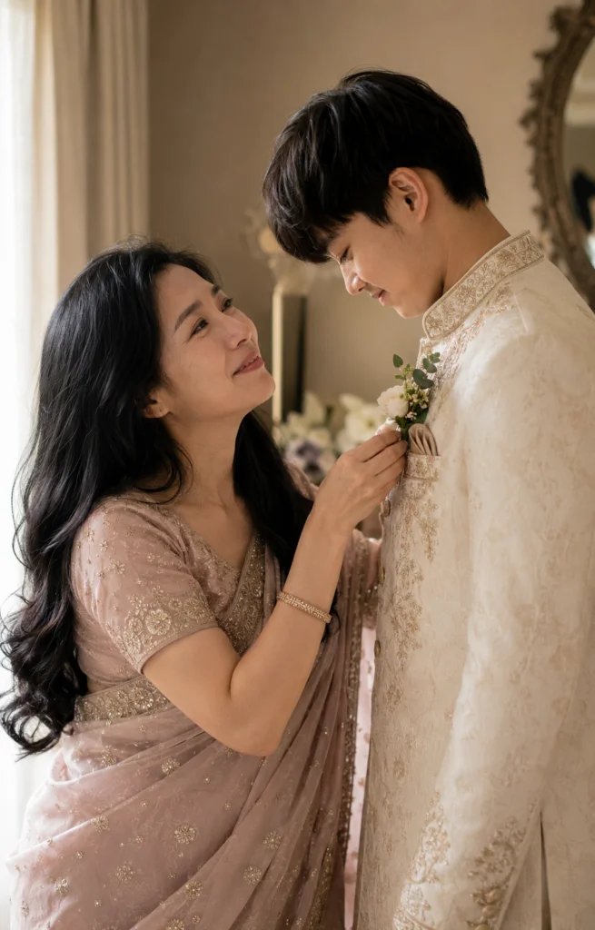 Mother adjusting her adult son's sherwani on his wedding day