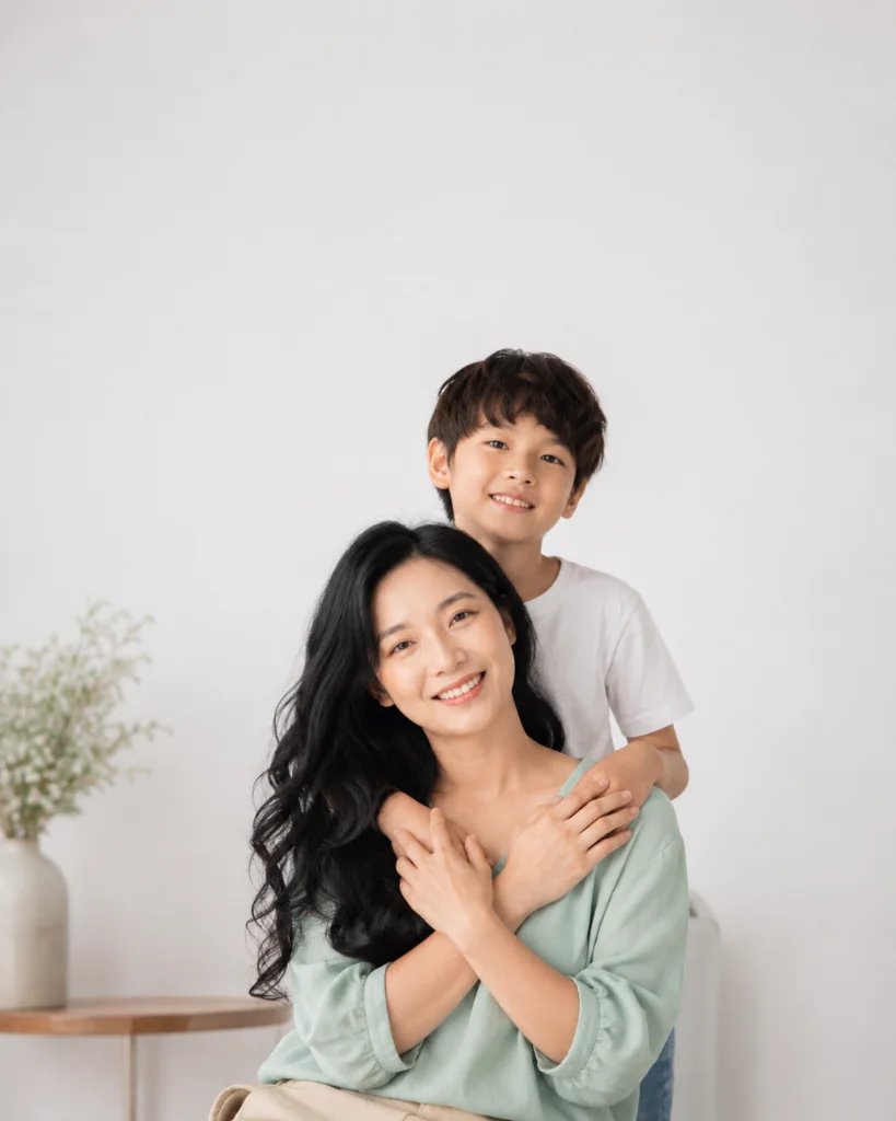 Mother's Day portrait of a seated mother with her son standing behind her
