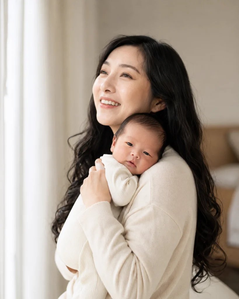 Mother holding her newborn son against her shoulder in soft window light