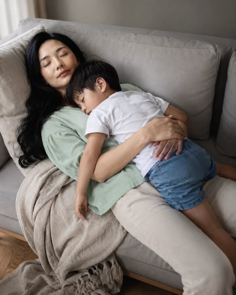 Mother resting on a sofa with her toddler son asleep on her chest