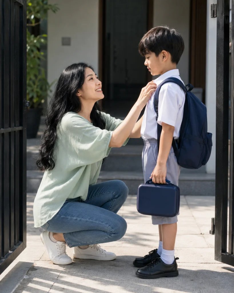 Mother adjusting her young son's school uniform at the front gate