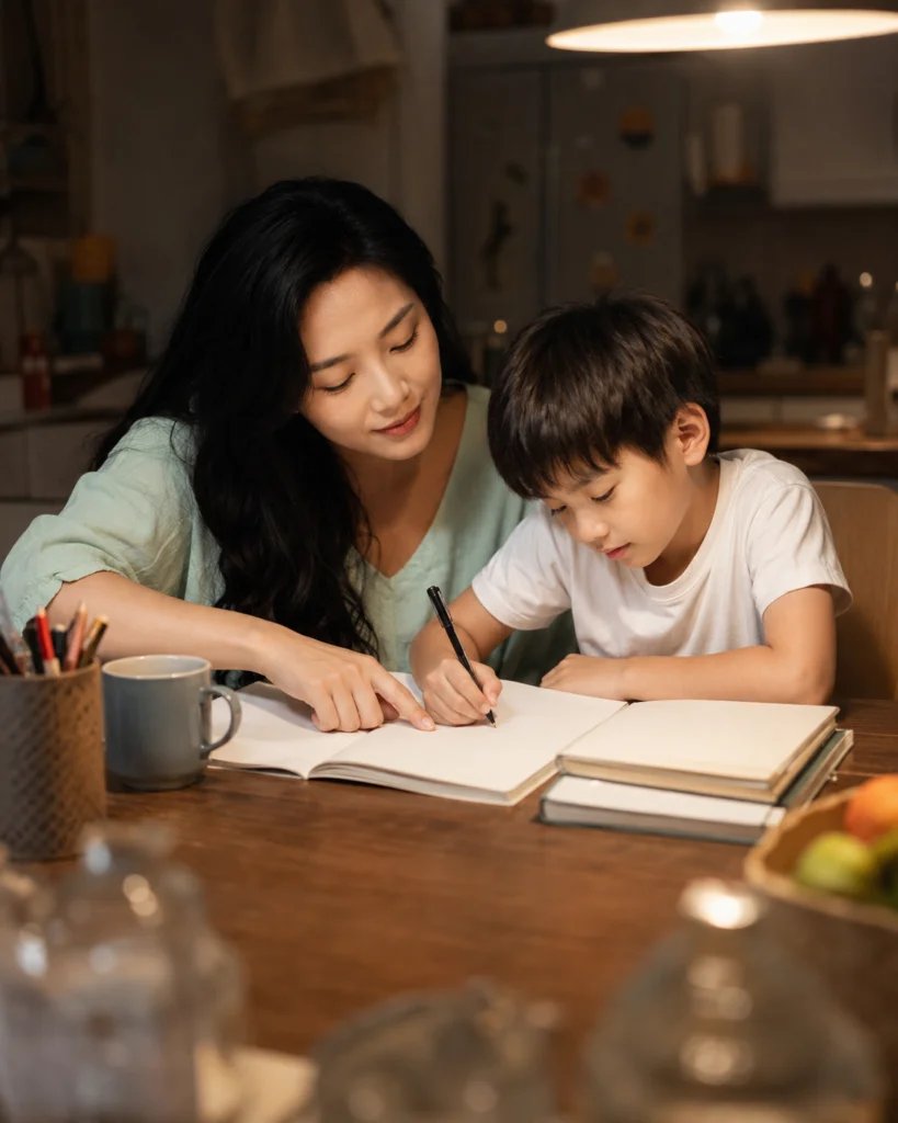 Mother helping her young son with homework at the kitchen table