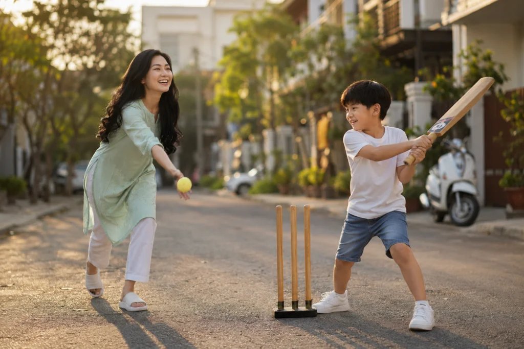 Mother and young son playing cricket together in a residential street