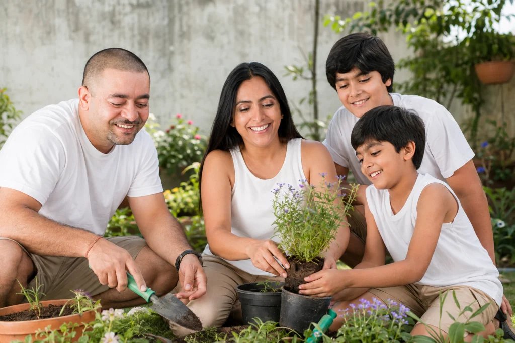 Mother teaching a child while the family gardens together outdoors