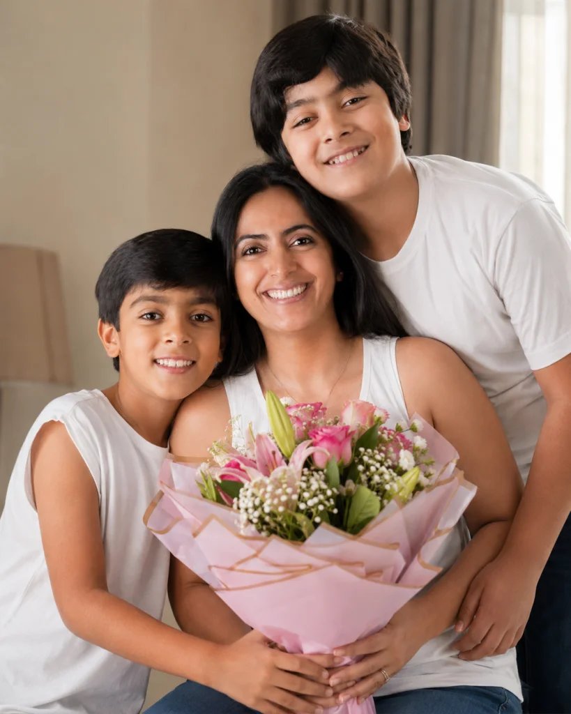 Mother surrounded by her children while holding a bouquet of flowers