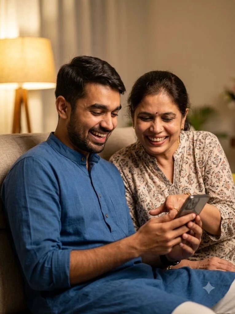 Mother and child sharing a quiet laugh while looking at a phone together