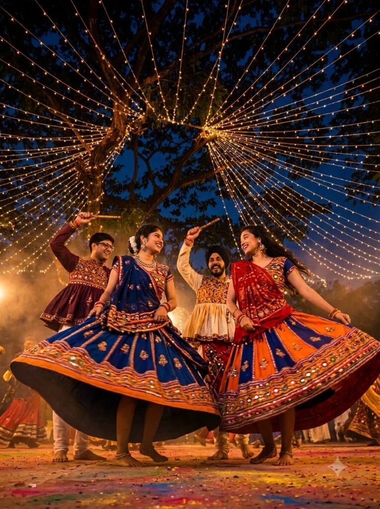 Garba dancers spinning together beneath string lights at a Navratri night event