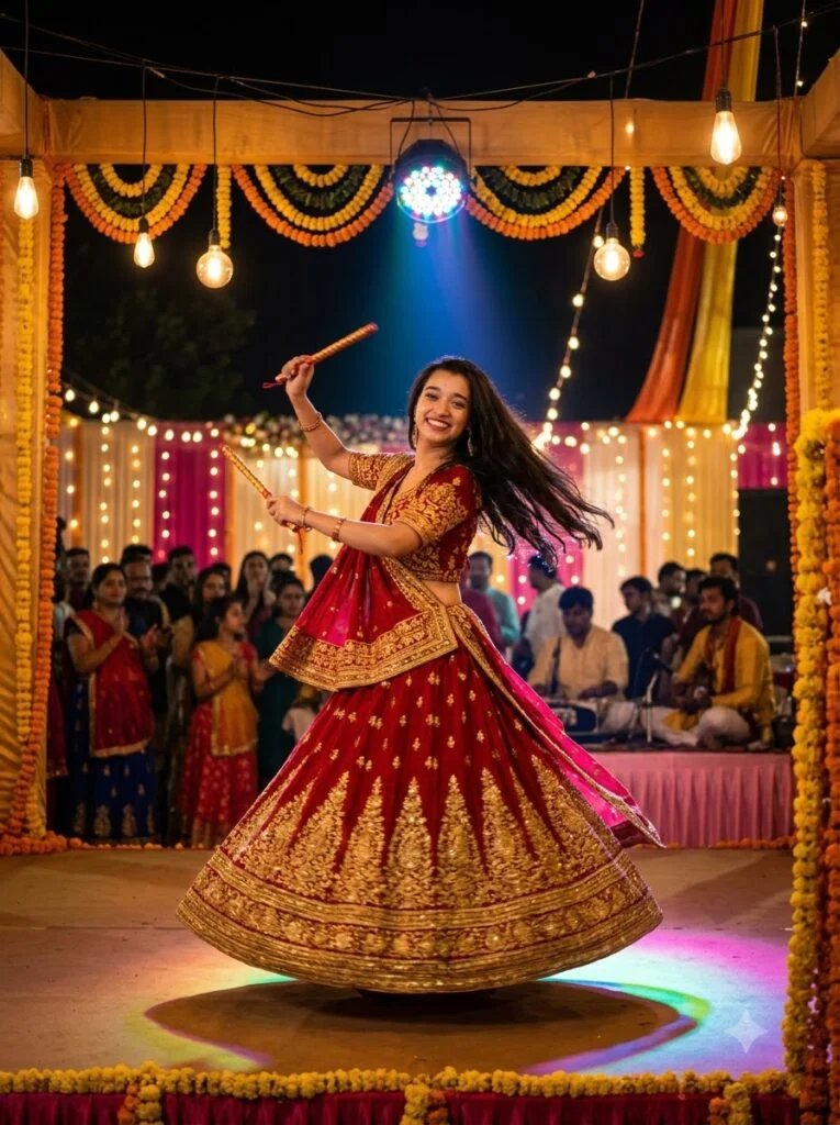 Solo garba dancer on a decorated pandal stage under warm bulbs and a spotlight