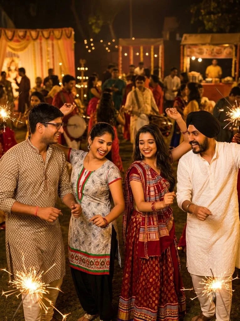 Garba group at a Navratri night event with warm golden festival lighting