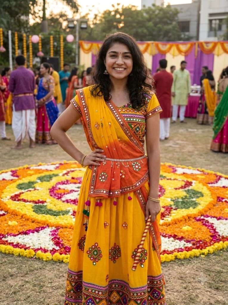 Girl in a yellow and orange chaniya choli holding a decorated dandiya stick