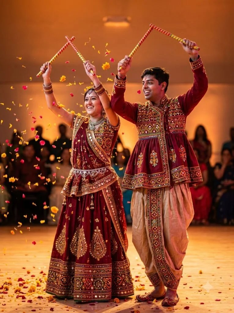 Two friends posing with dandiya sticks in traditional Gujarati outfits at a Navratri event