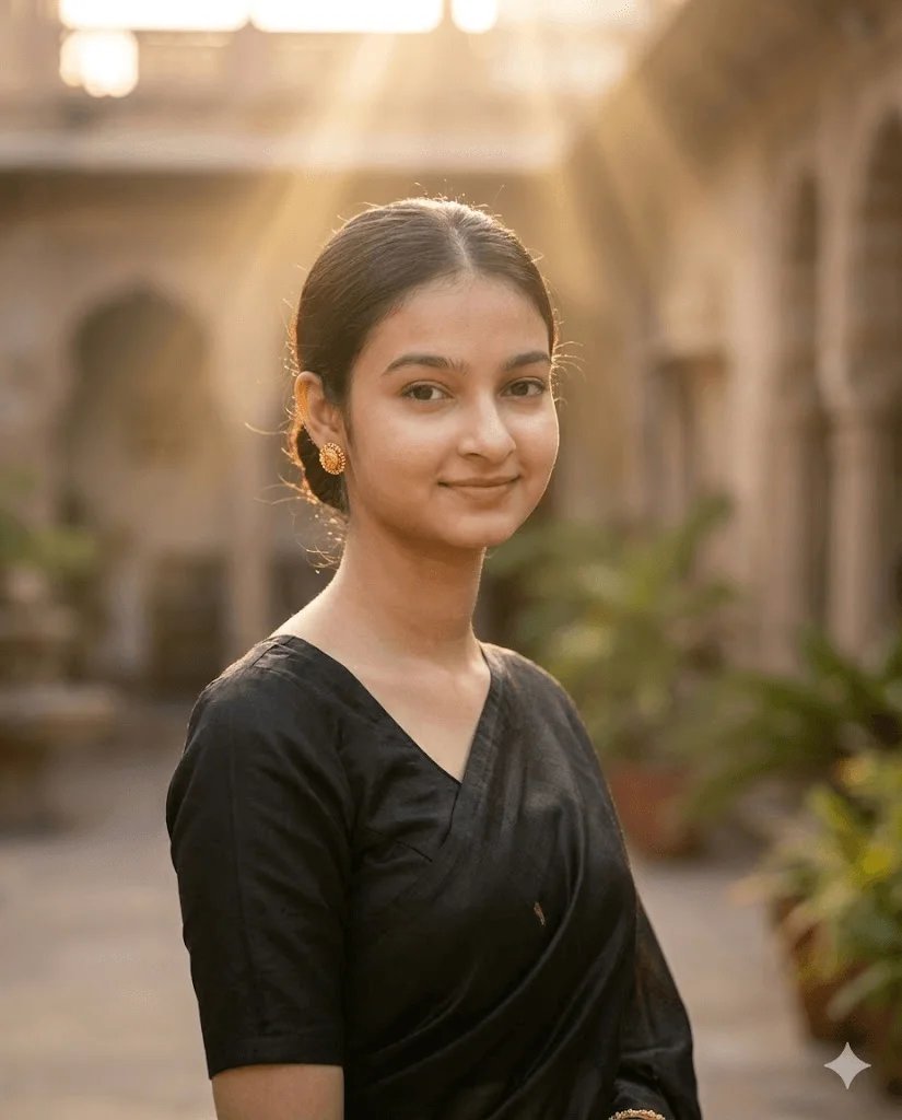 Classic black saree prompt preview with silk fabric and heritage courtyard lighting