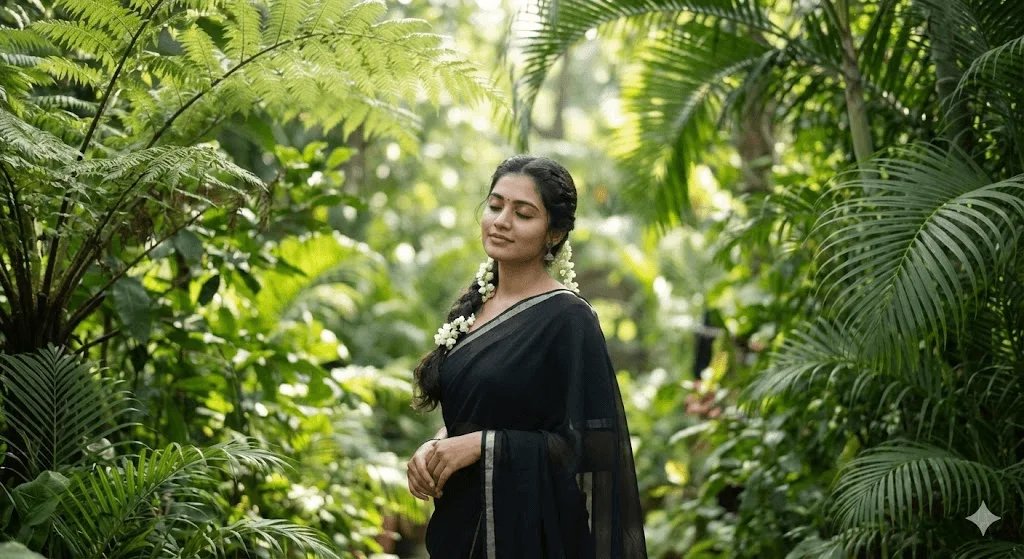 Nature black saree prompt preview with flowing chiffon saree and tropical garden light