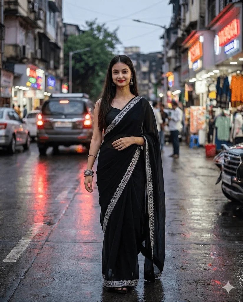 Urban black saree prompt preview with city street neon lights and wet pavement