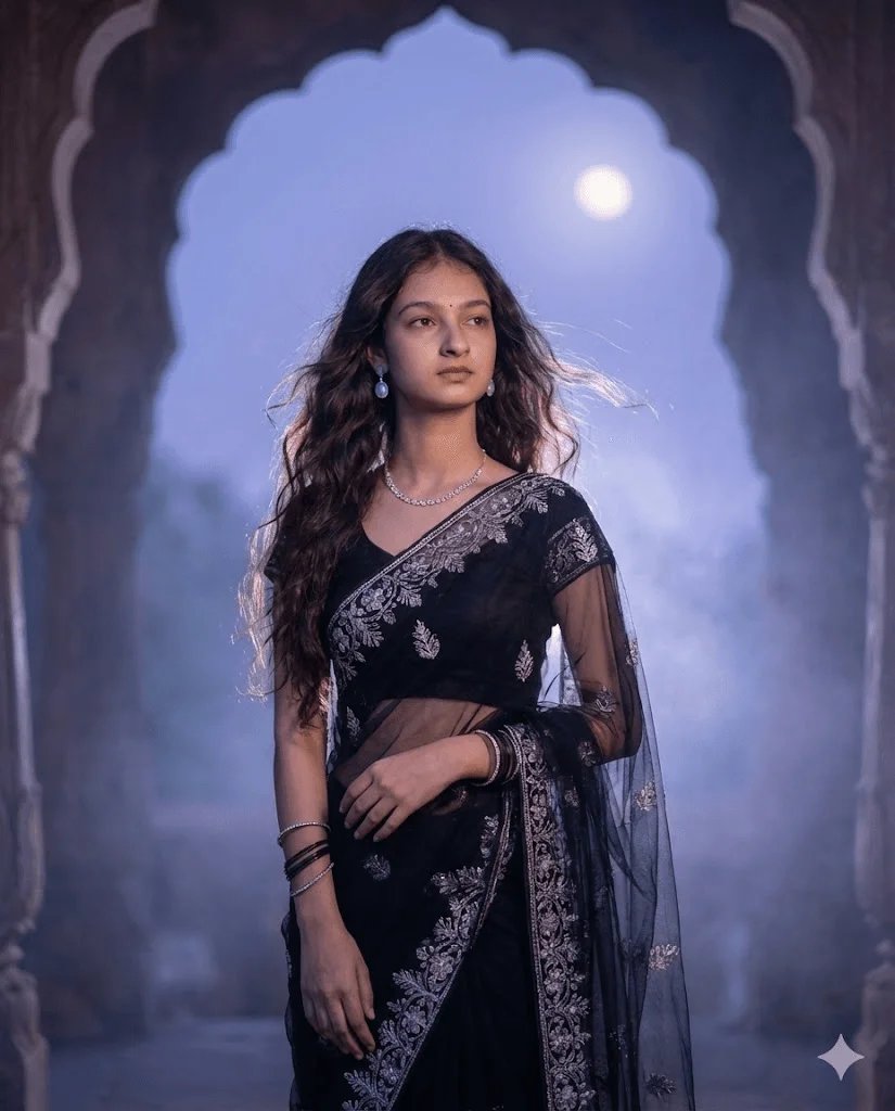 Twilight black saree prompt preview with sheer fabric and moonlit archway
