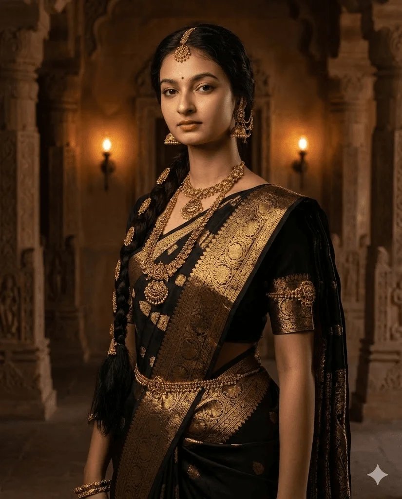 Royal black saree prompt preview with gold zari fabric and palace hall lighting