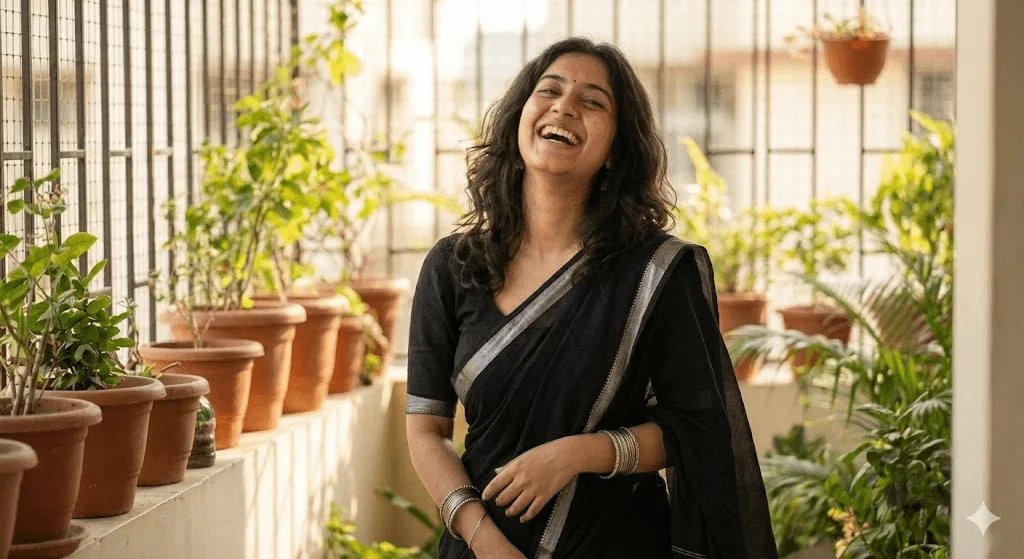 Candid black saree prompt preview with cotton saree and sunlit balcony