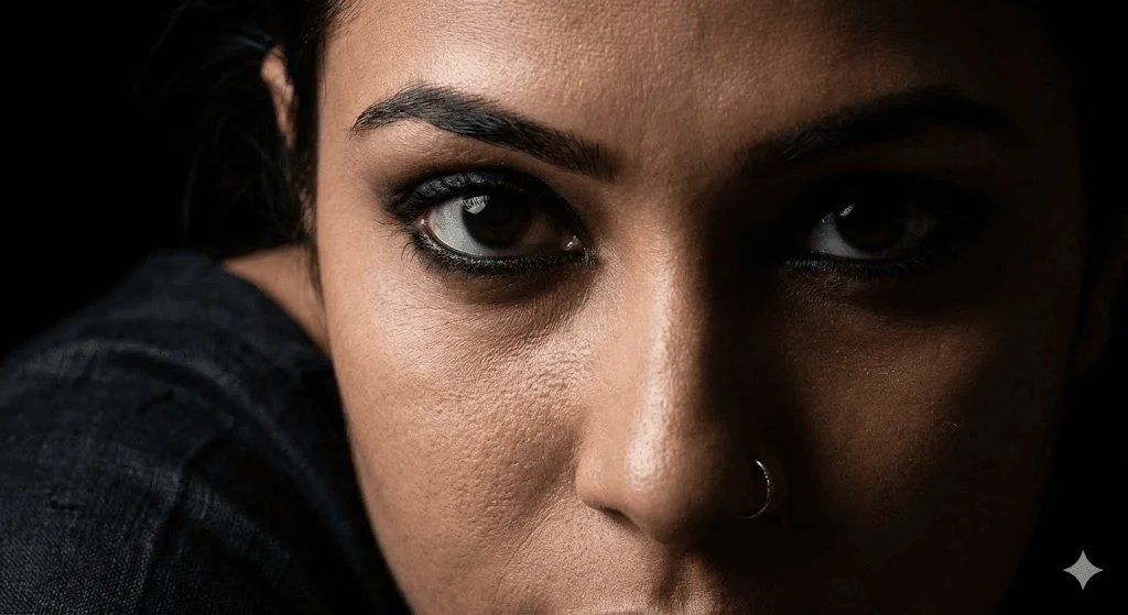 Black saree close-up prompt preview with raw silk texture and dramatic lighting