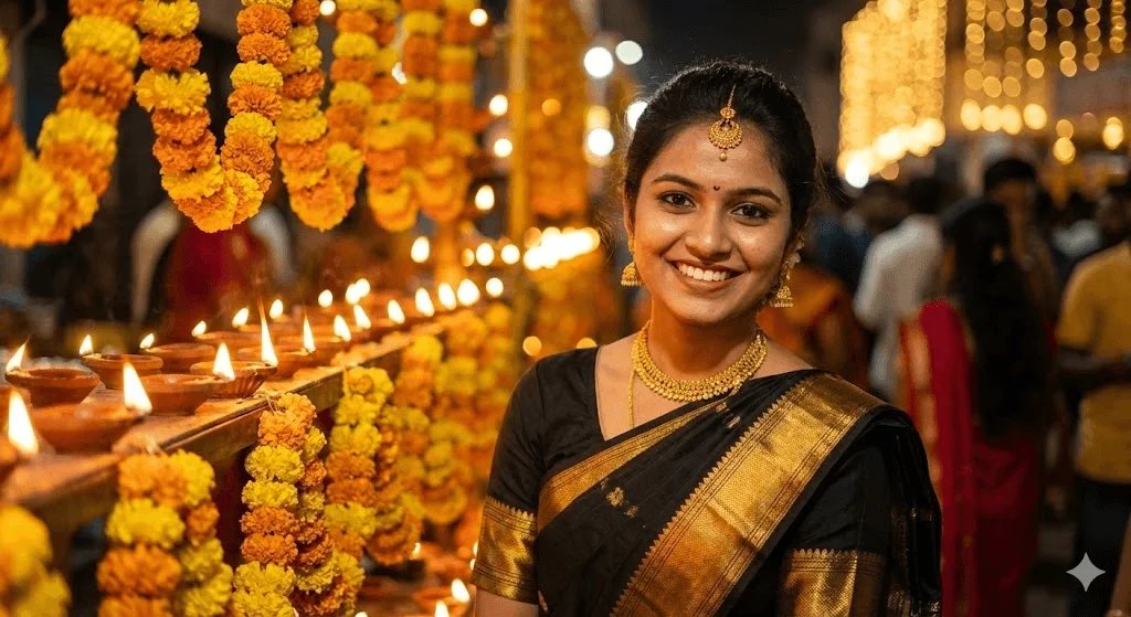 Festive black saree prompt preview with silk saree and glowing Diwali lamps