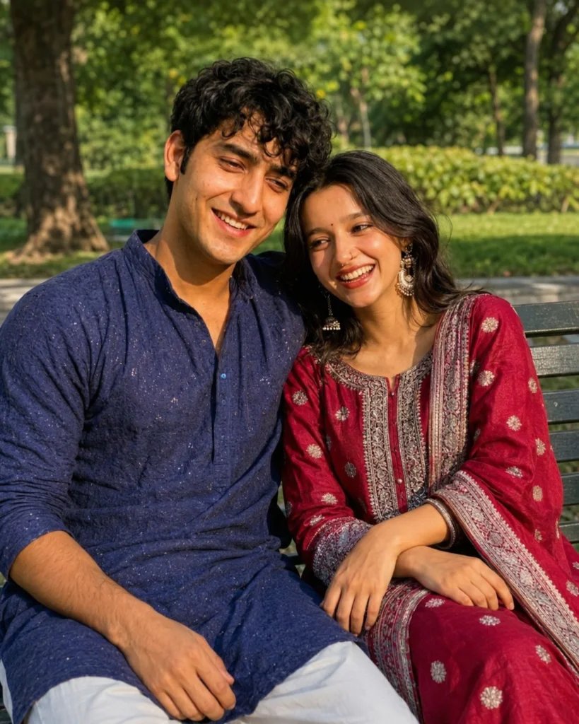 Couple laughing naturally on a park bench in soft daylight