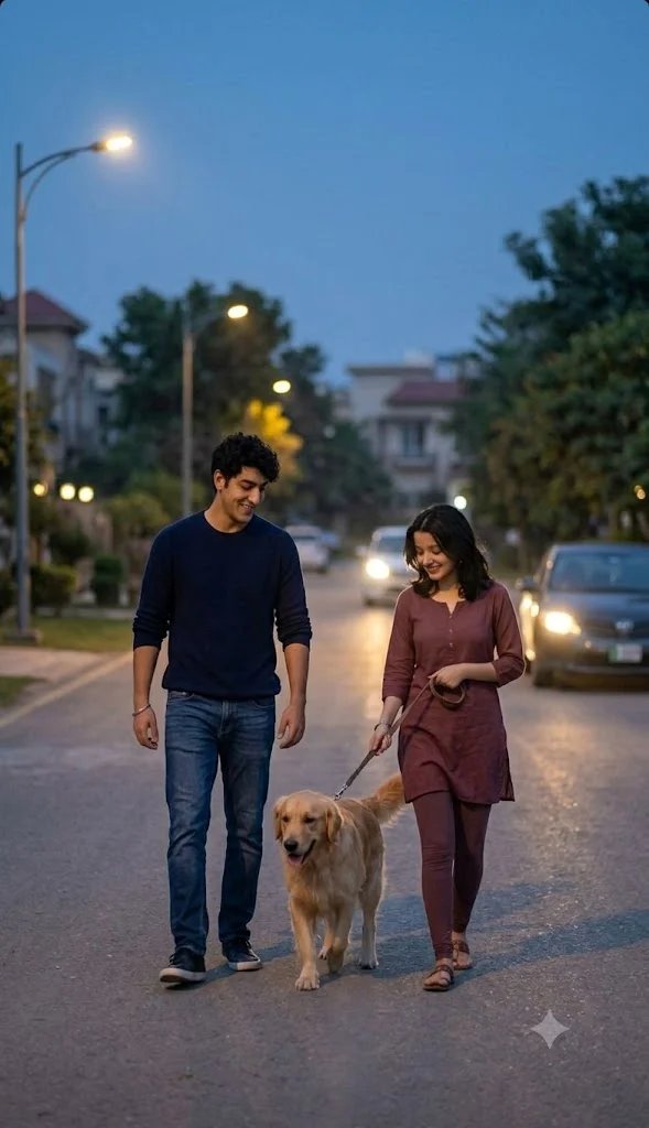 Couple walking a dog at dusk with streetlights and natural muted colors