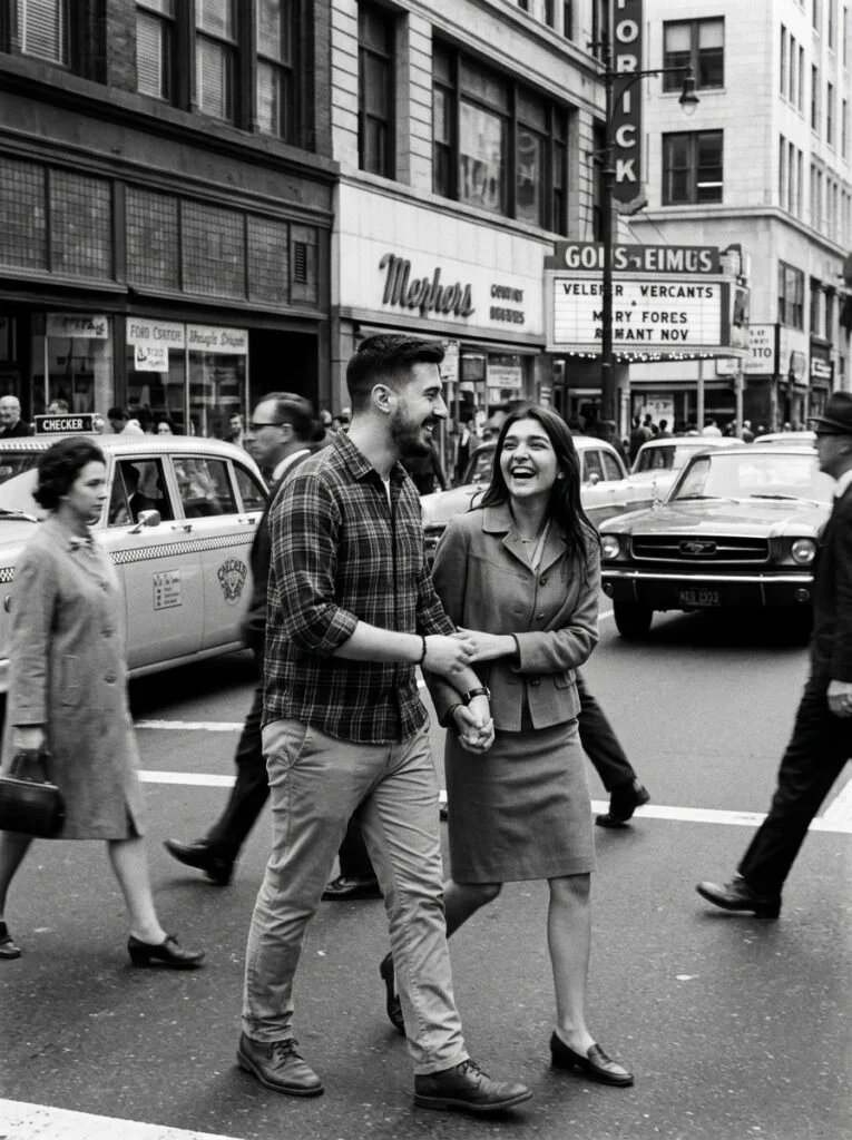 Couple laughing while crossing a busy 1960s city street in black and white