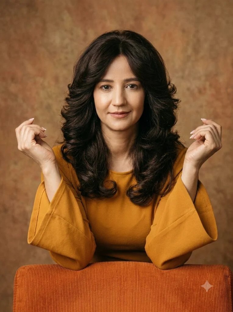 1970s retro portrait of a woman with feathered hair and flared sleeves