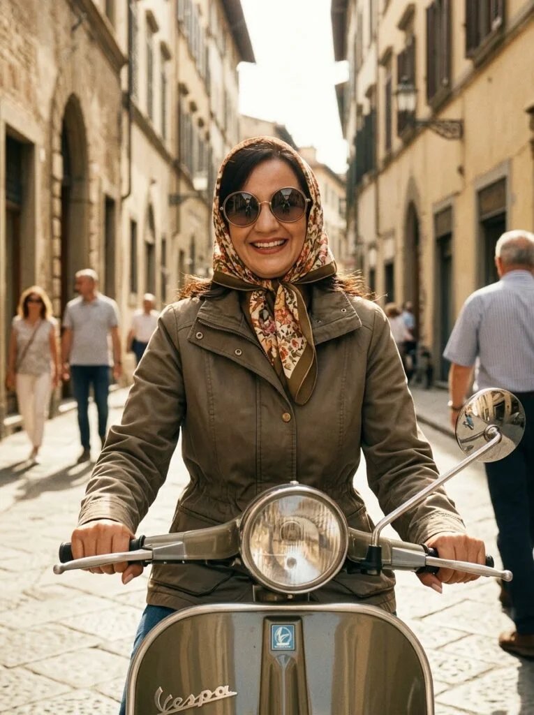 1970s retro portrait of a woman on a scooter with sunglasses and headscarf