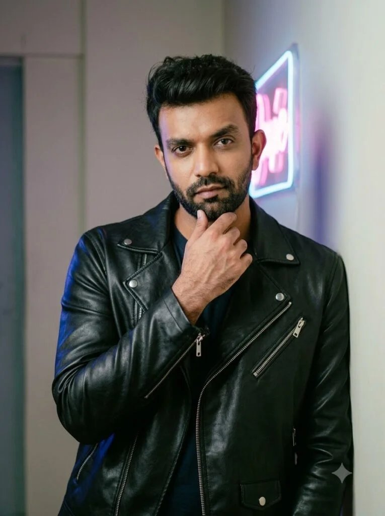 1980s retro portrait of a man in a leather jacket