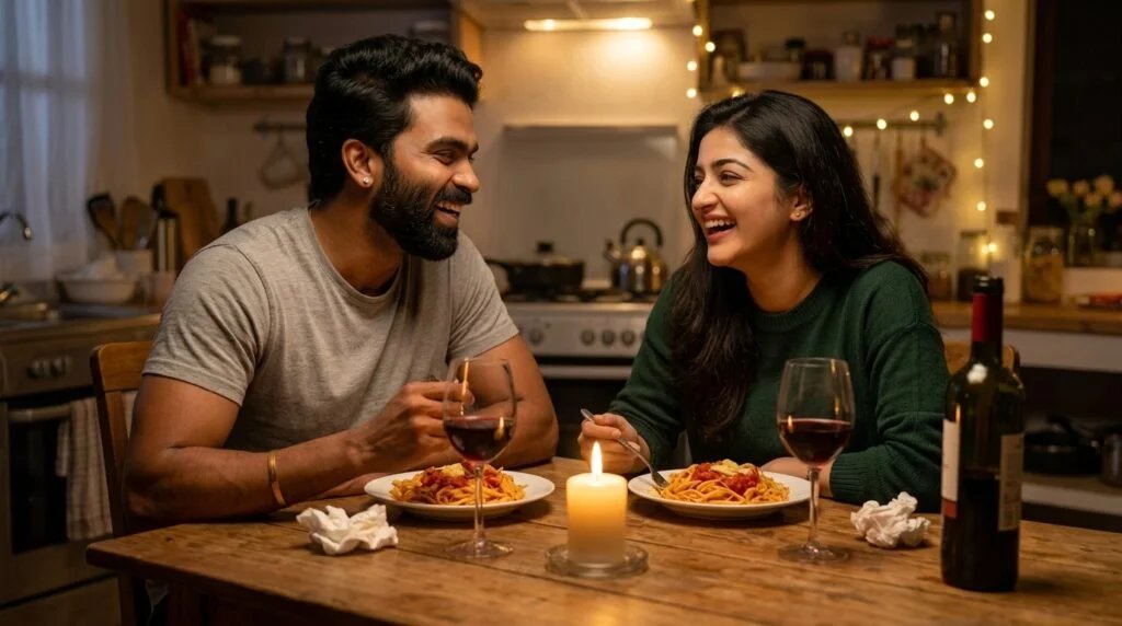 Romantic couple laughing over a candlelit homemade pasta dinner