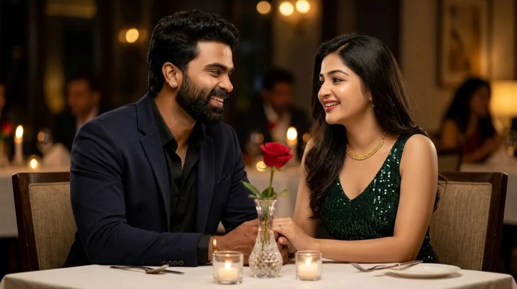 Elegant romantic couple at a fine-dining anniversary dinner with a single rose