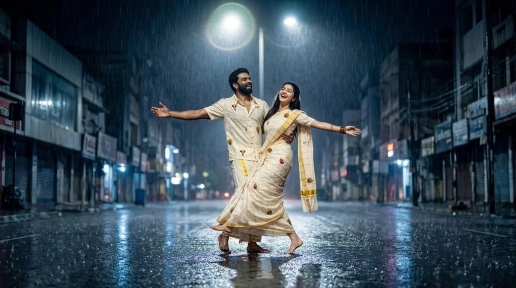 Joyful romantic couple dancing barefoot on a rain-soaked street at night