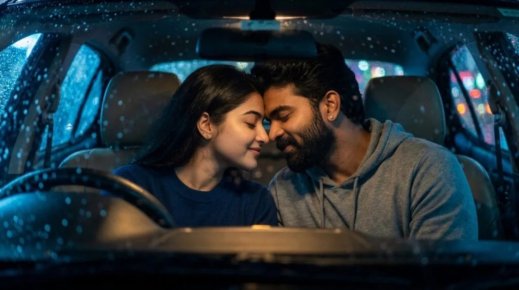 Romantic couple touching foreheads inside a parked car during rain