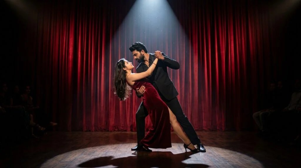 Elegant romantic couple holding a dramatic tango pose on a spotlit stage