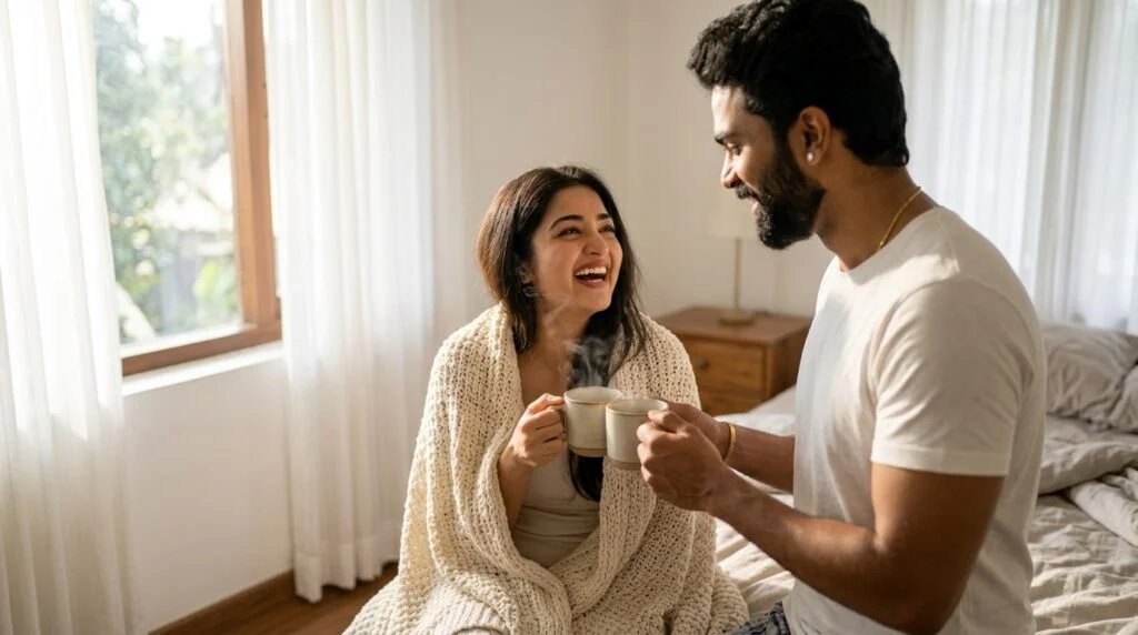 Romantic couple sharing coffee beside a bright bedroom window