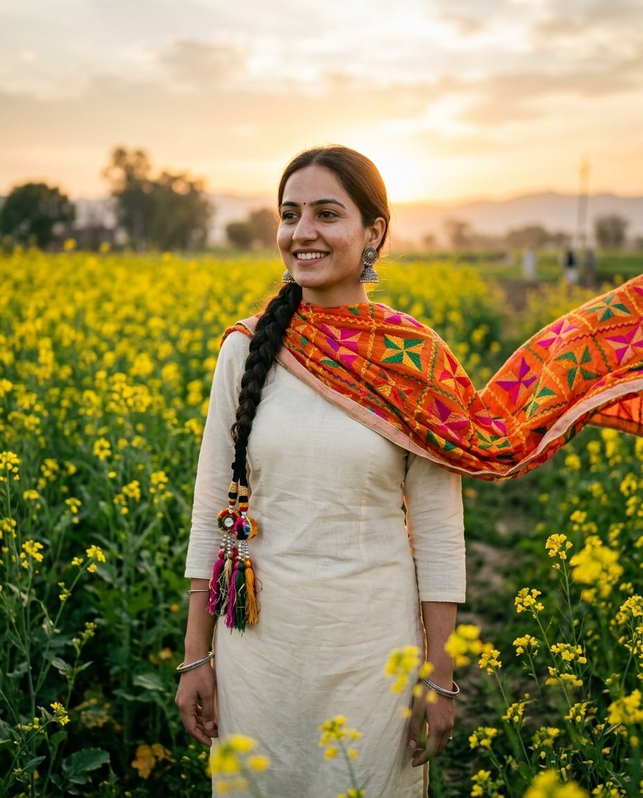Woman in a cream salwar suit and orange phulkari dupatta in a mustard field at golden hour