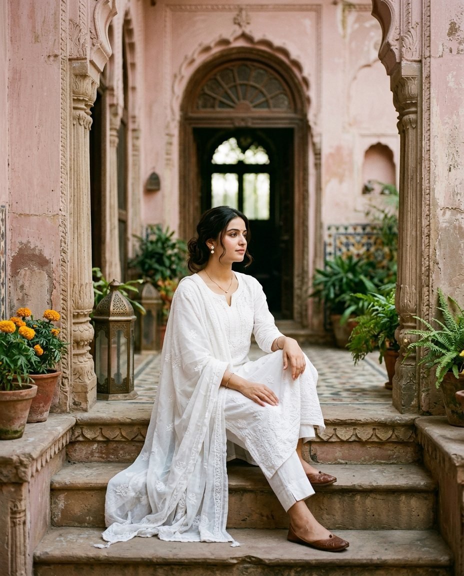 Woman in a white chikankari suit sitting on carved stone steps of a Lucknow haveli courtyard