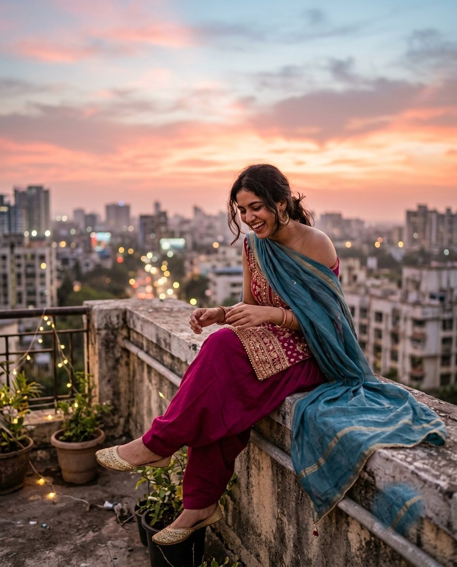 Woman in a magenta Patiala salwar sitting on a rooftop ledge at sunset
