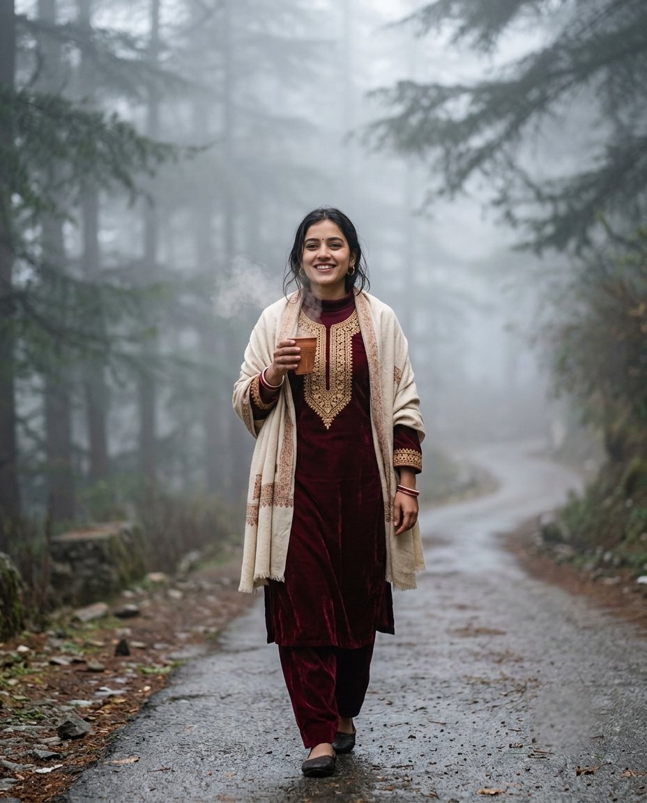 Woman in a maroon velvet salwar suit and cream shawl holding a kulhad of chai on a misty hill road
